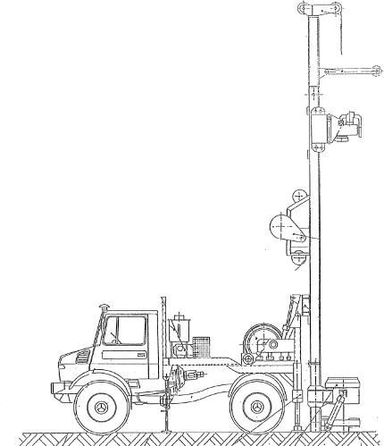 Skizze eines Bohrgeraetes aufgebaut auf einem Unimog